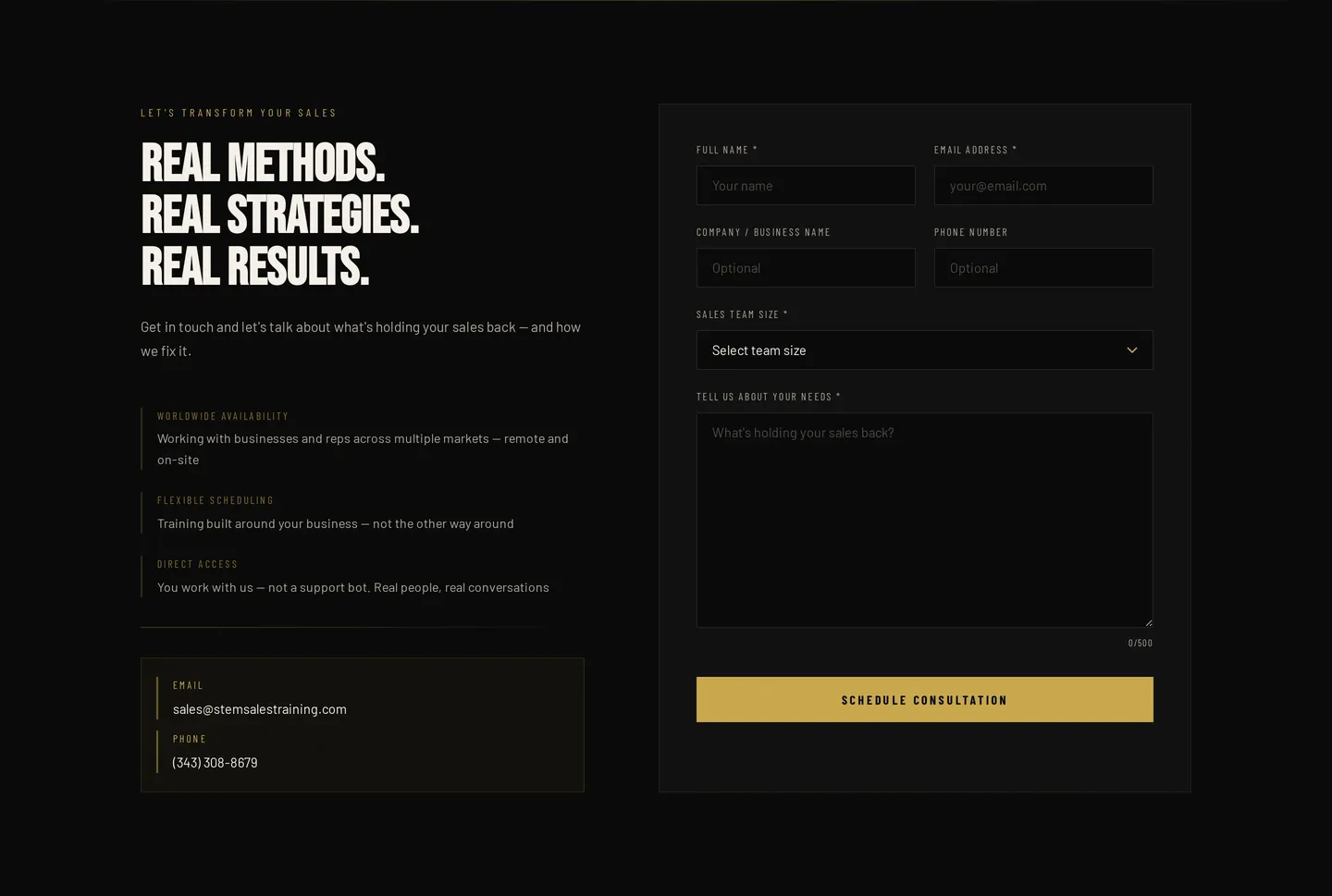 Contact section with a form asking for name, email, company, phone, sales team size, and needs