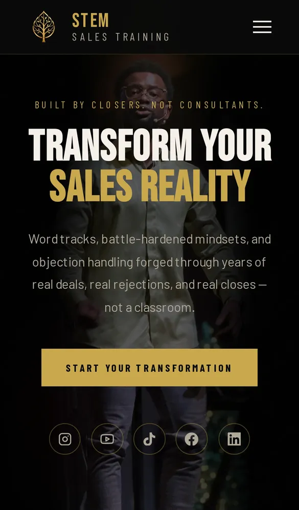 Mobile home page: Transform your sales reality, with a call to action