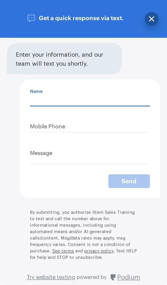 Webchat open on mobile, asking for name, mobile number, and message